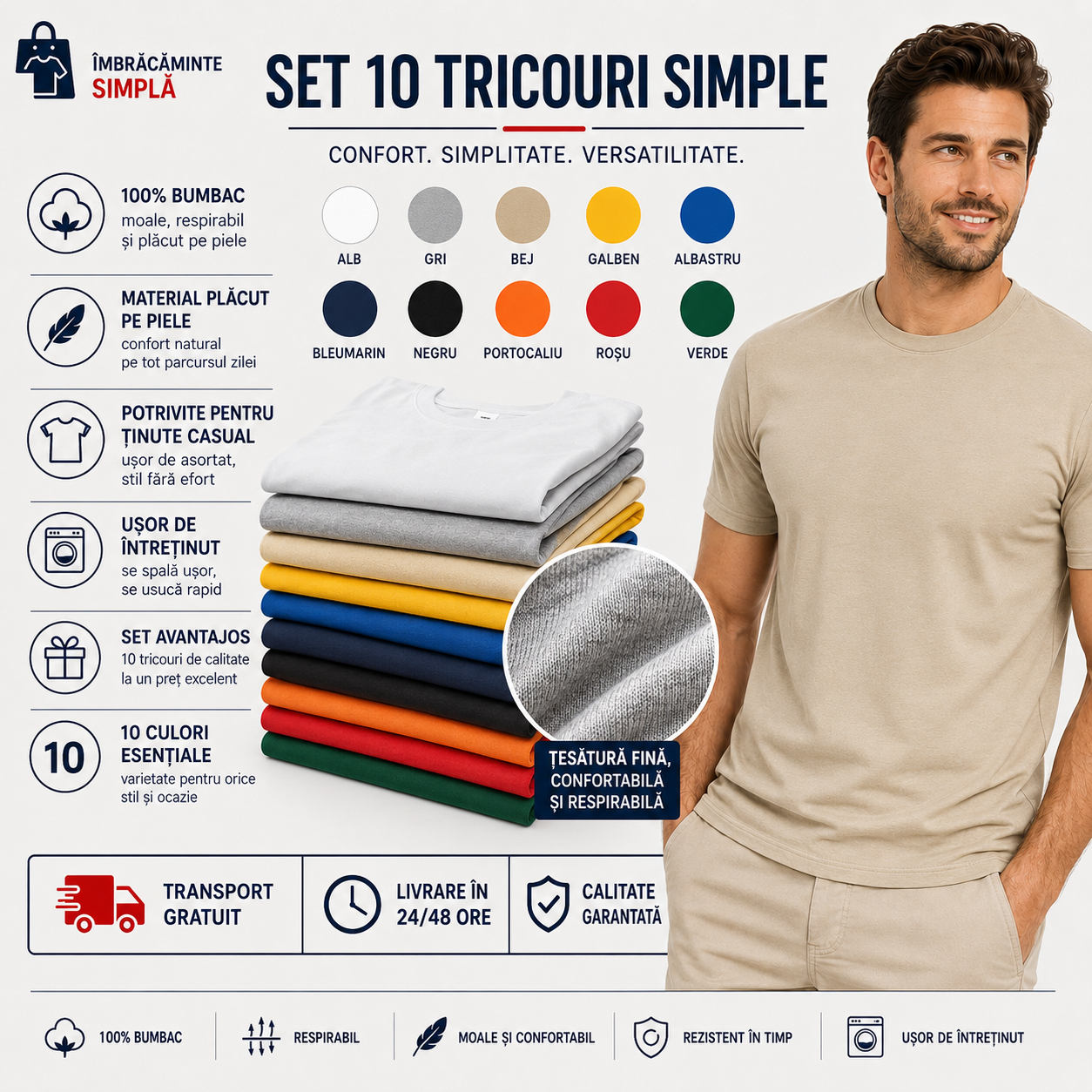 Set 10 tricouri simple pentru bărbați &icirc;n culori variate, cu transport gratuit